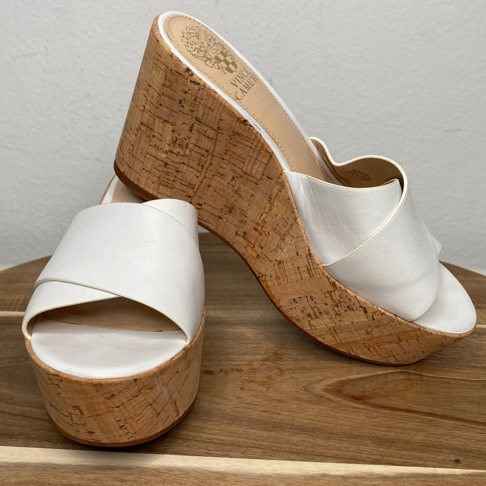 Vince Camuto Kessina White Leather Cork Wedge Platform Slide Sandals‎ Size 6